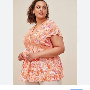 Torrid sz 3 Crocheted Orange and Pink Trim Floral Boho Peplum Blouse